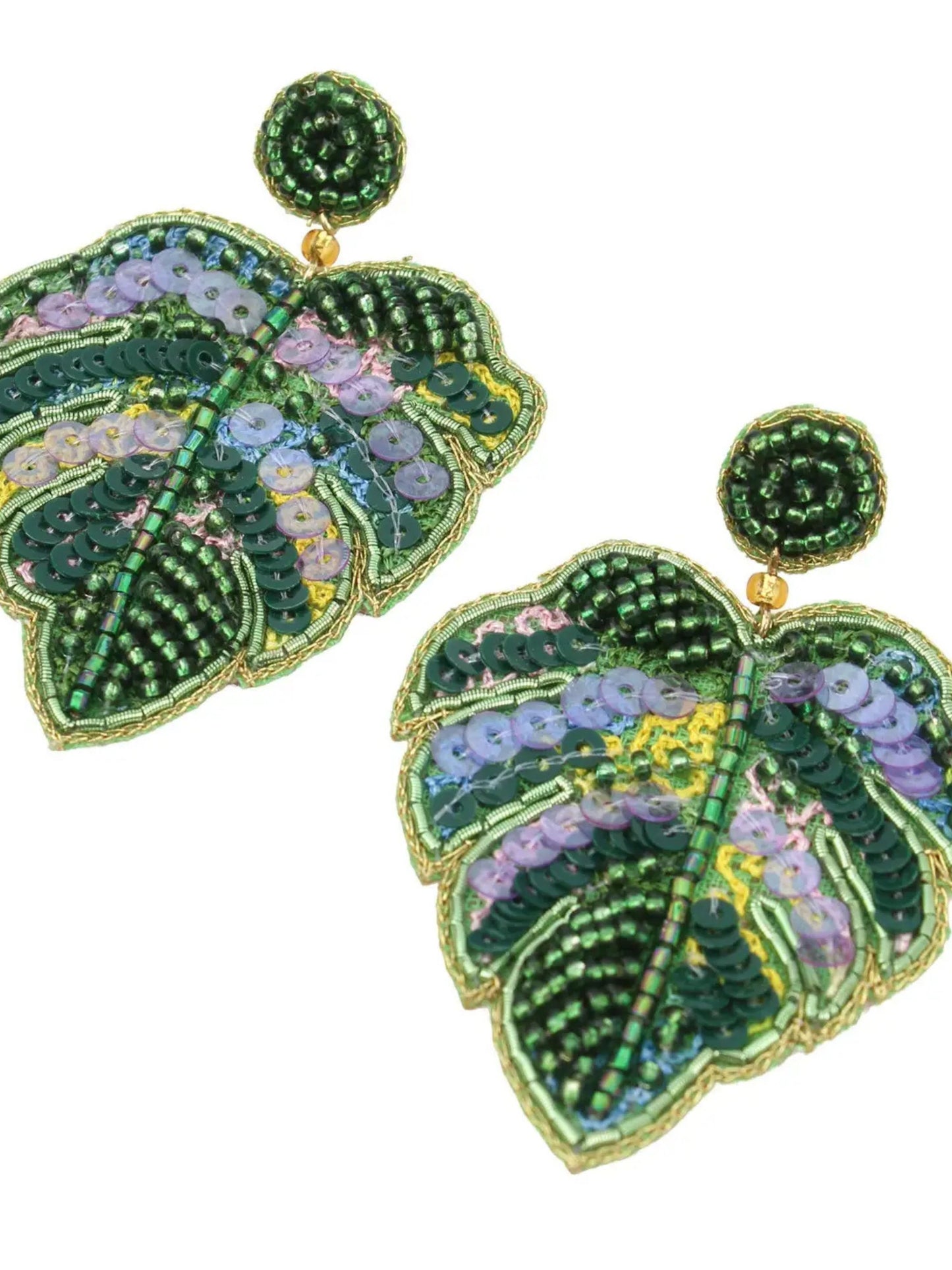 Monstera Leaf Beaded Statement Earrings