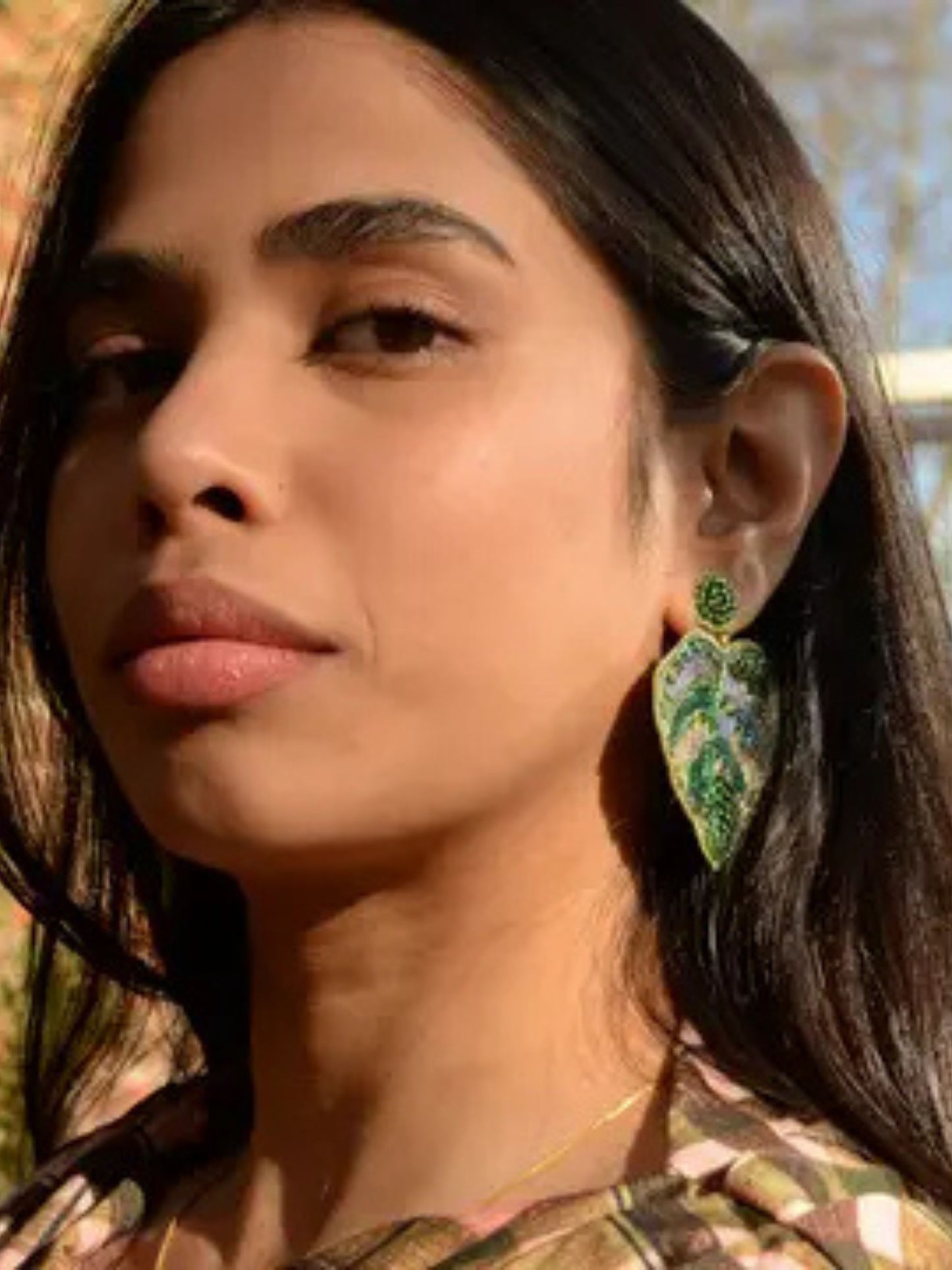 Monstera Leaf Beaded Statement Earrings