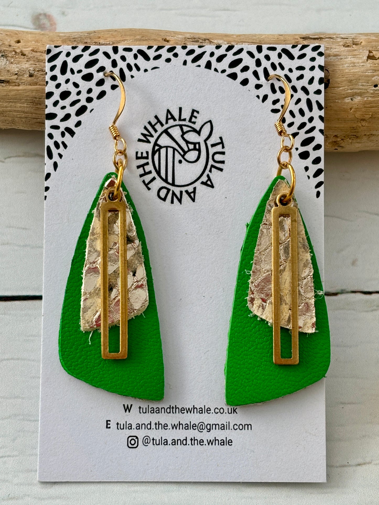 handmade dangly earrings with green leather, gold snake-textured layer, and metallic accent—bold statement jewelry