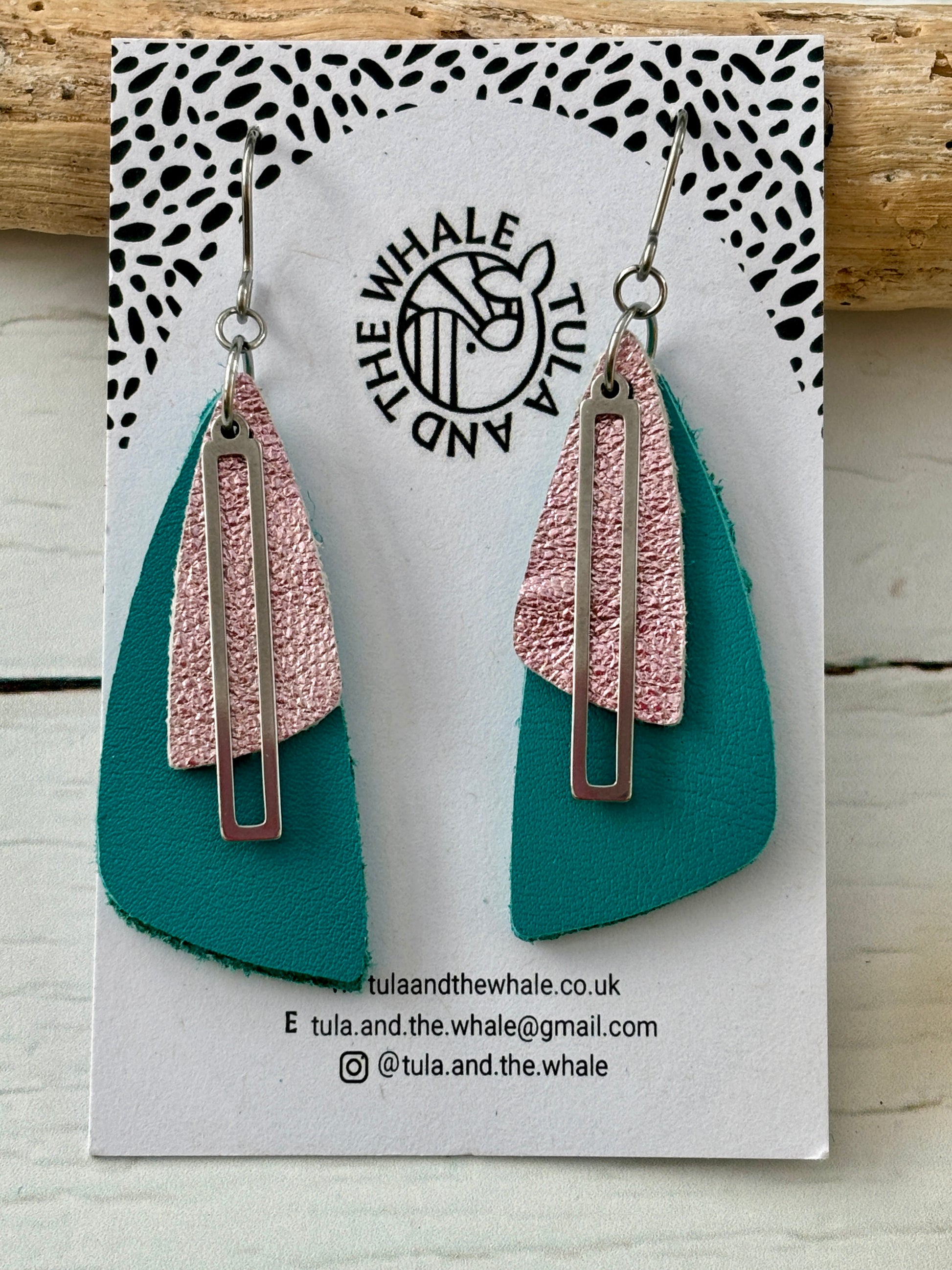 handmade dangly earrings with teal and rose pink leather layers, gold accent—bold, lightweight statement jewelry