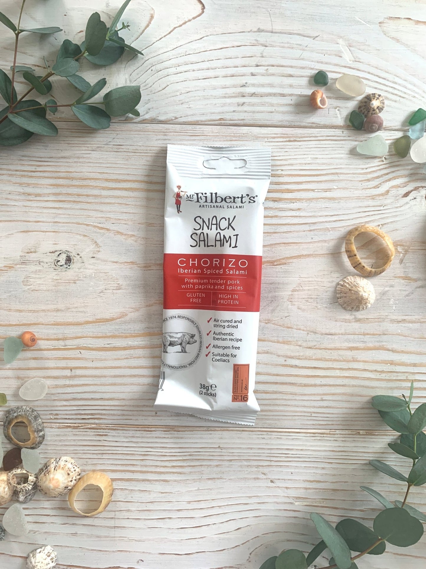 Mr Filbert’s Iberian Chorizo snack salami—gluten-free, high-protein, artisanal pork sticks with paprika spice, 38g pack