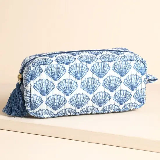 Navy Seashell Quilted Make Up Toiletries Bag