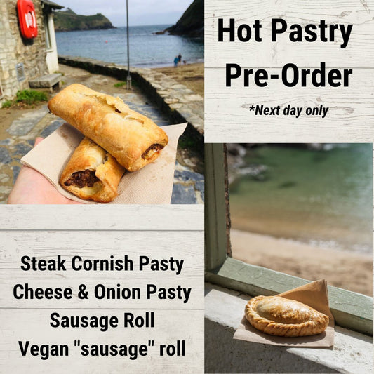 next-day pre-order Cornish pasty & sausage roll promo, coastal bakery treats for beach picnics and seaside snacking