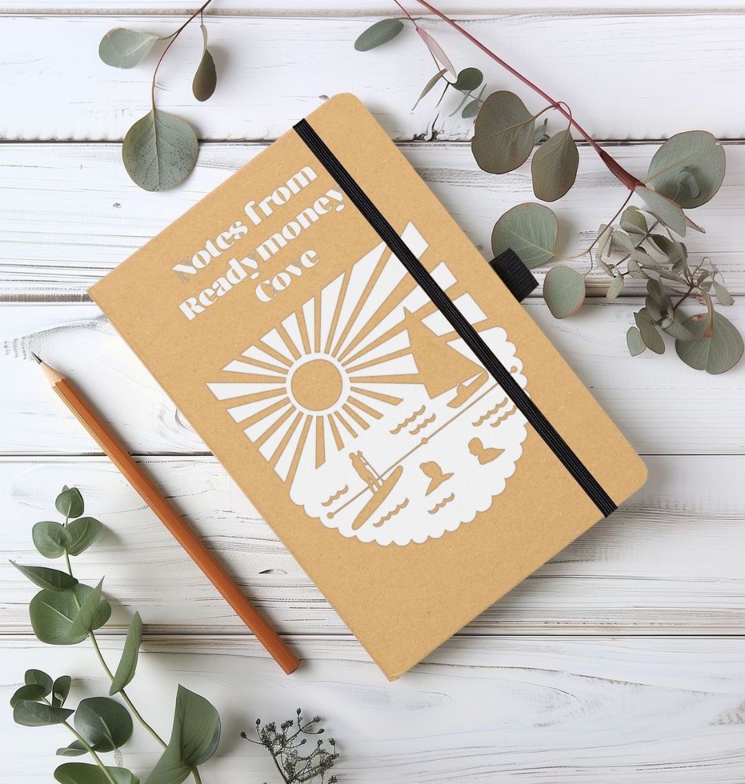 recycled notebook with coastal Readymoney Cove design—eco-friendly, travel-inspired stationery with elastic closure
