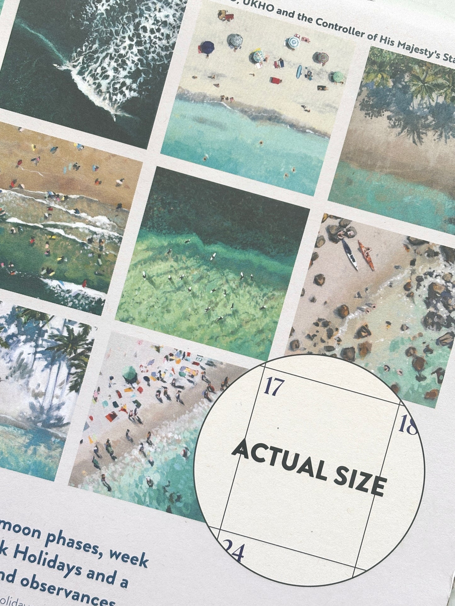 ocean aerials calendar closeup—2026 beach photography grid with vibrant aerial scenes, ideal for coastal décor and planning