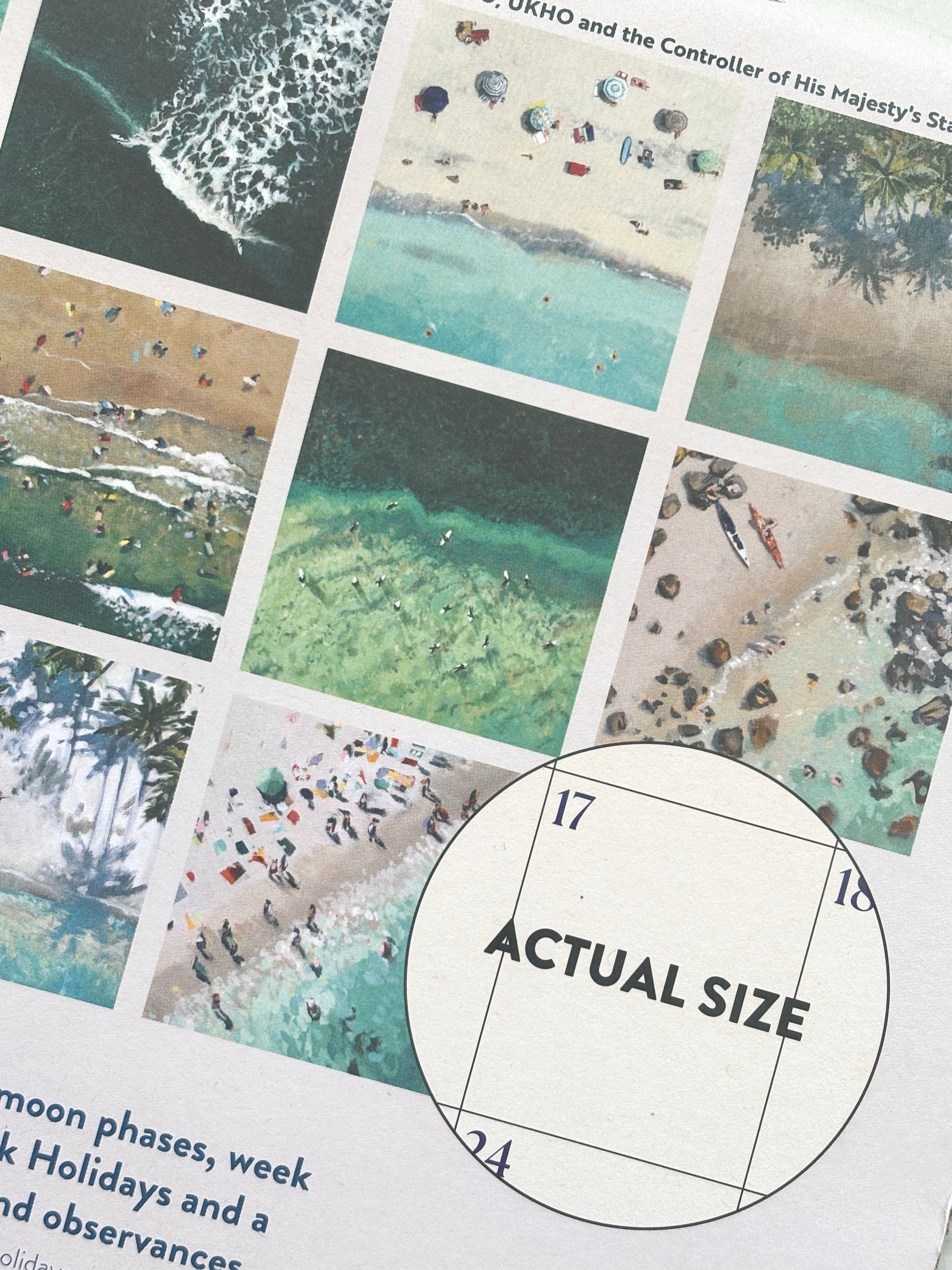 ocean aerials calendar closeup—2026 beach photography grid with vibrant aerial scenes, ideal for coastal décor and planning
