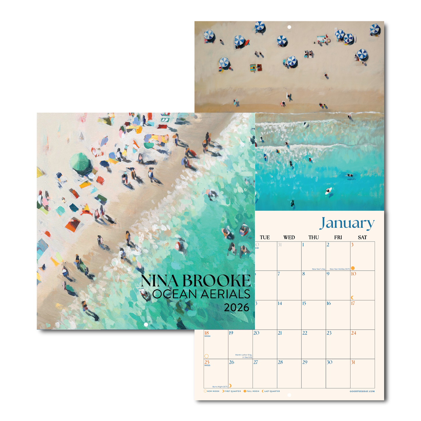 Nina Brooke Ocean Aerials 2026 calendar—artful beach scenes with monthly planner, ideal for coastal lovers and stylish gifting