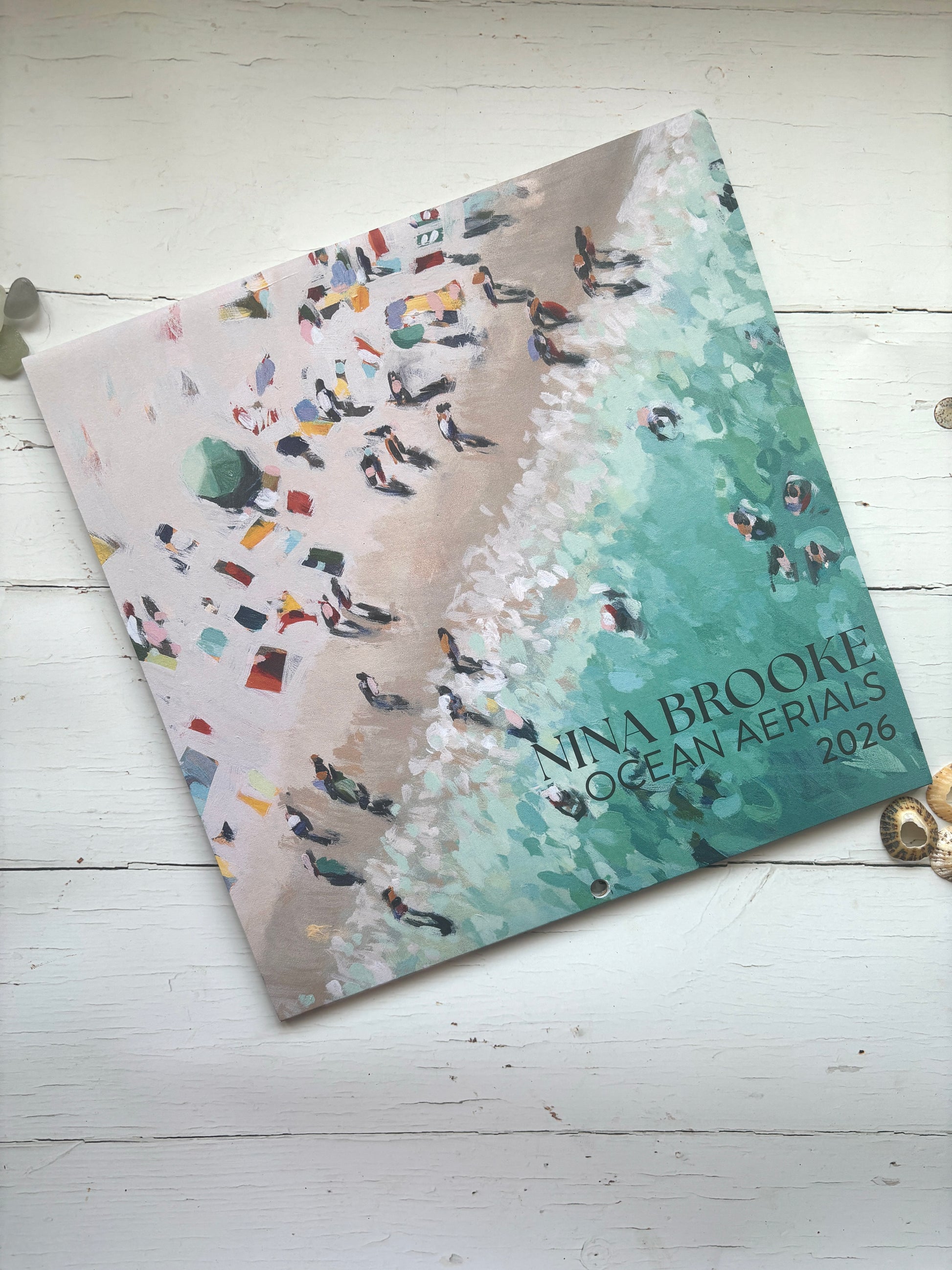 Nina Brooke Ocean Aerials 2026 calendar—vibrant beach art cover, perfect for coastal décor, planning, and creative gifting