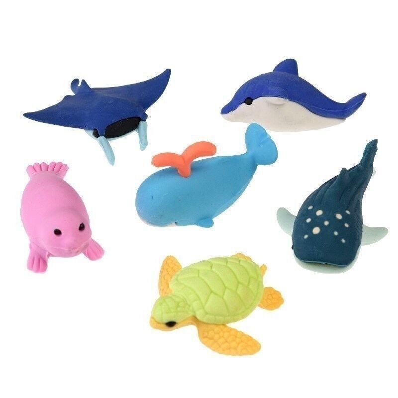 set of 6 cute ocean animal erasers—whale, dolphin, turtle, seal—soft rubber, fun school supplies or party favors