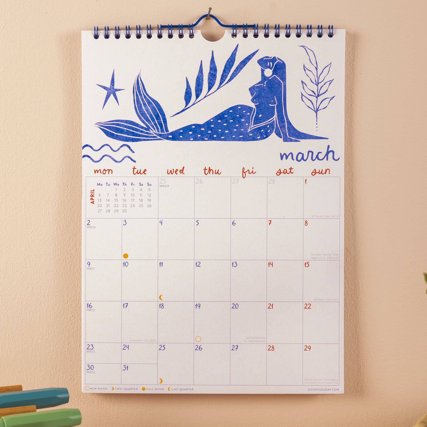 ocean mermaid 2026 calendar—blue mermaid art with moon phases and planner, perfect for coastal décor, gifting, and organization