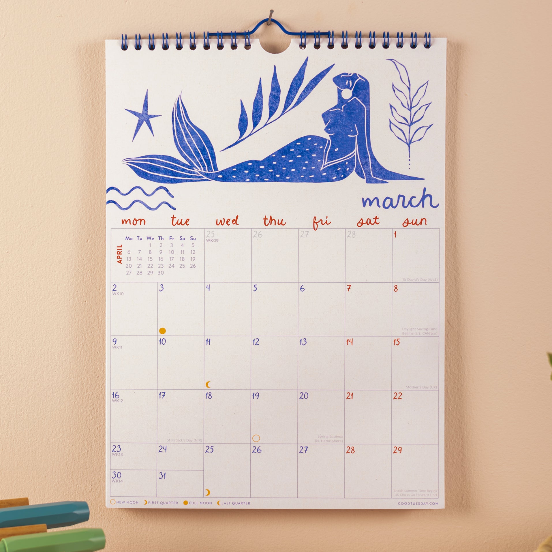 ocean mermaid 2026 calendar—blue mermaid art with moon phases and planner, perfect for coastal décor, gifting, and organization