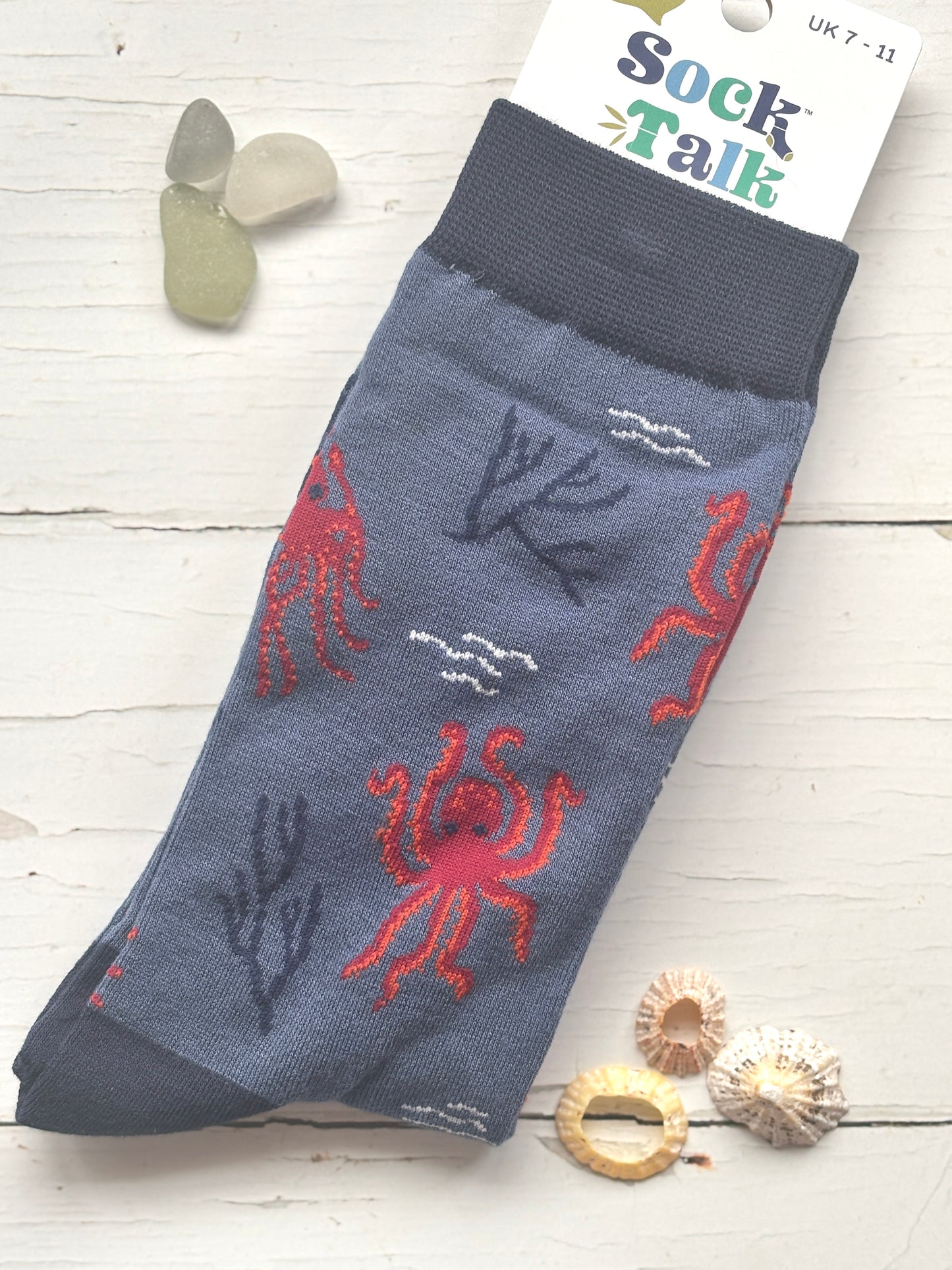men's navy bamboo socks with a knitted red octopus and seaweed pattern unique coastal apparel for sea animal lovers