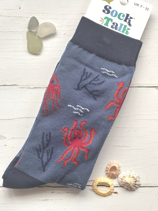men's navy bamboo socks with a knitted red octopus and seaweed pattern unique coastal apparel for sea animal lovers