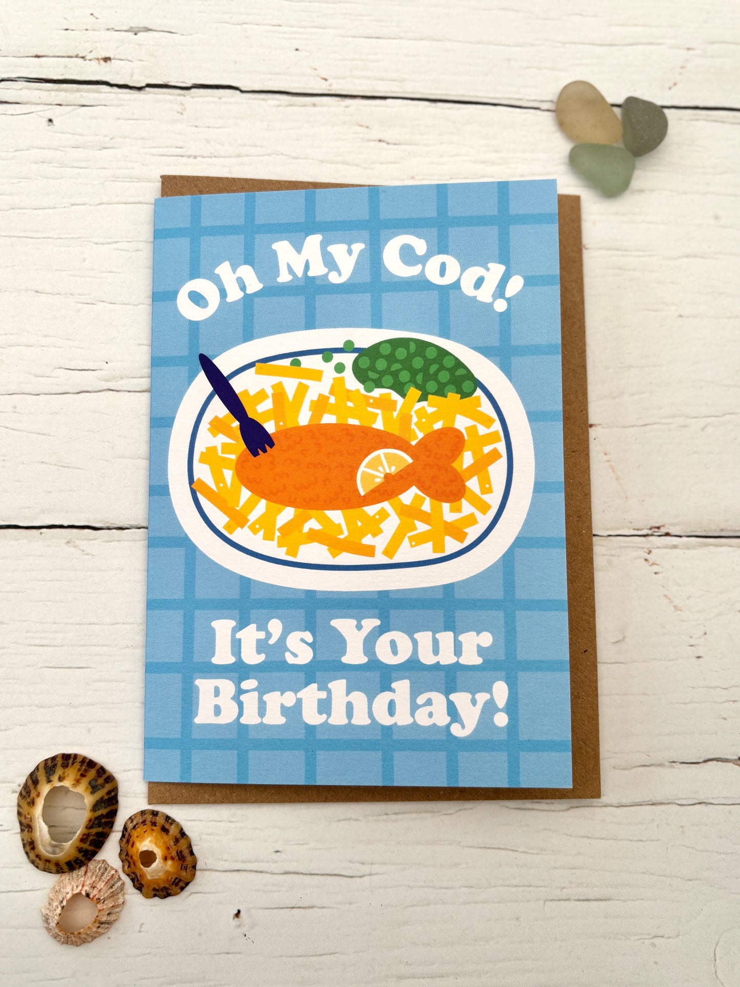 funny fish-themed birthday card—“Oh My Cod!” pun with fish & chips illustration, perfect for ocean lovers