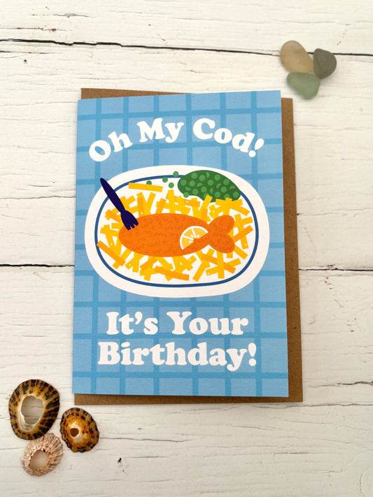 funny fish-themed birthday card—“Oh My Cod!” pun with fish & chips illustration, perfect for ocean lovers