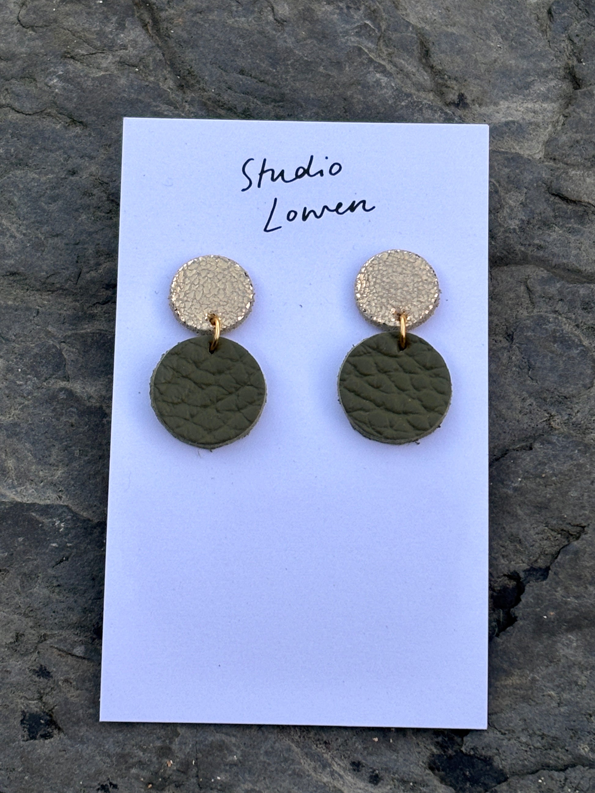 olive green leather drop earrings—festive, handmade, lightweight with gold accents for holiday and everyday wear