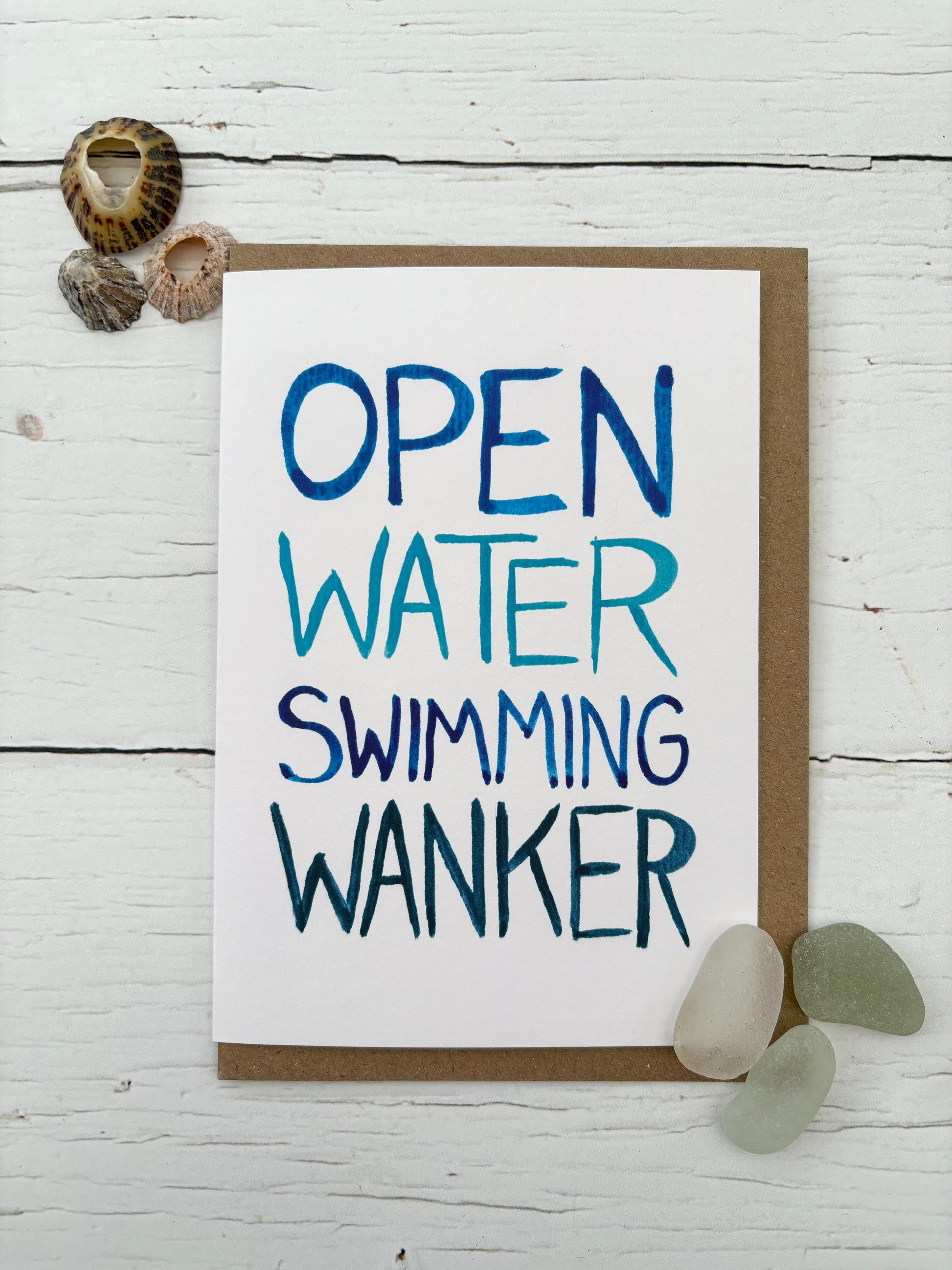 cheeky open water swimming card with bold blue text, funny gift for swimmers and sporty friends