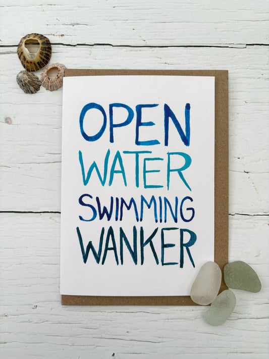 cheeky open water swimming card with bold blue text, funny gift for swimmers and sporty friends