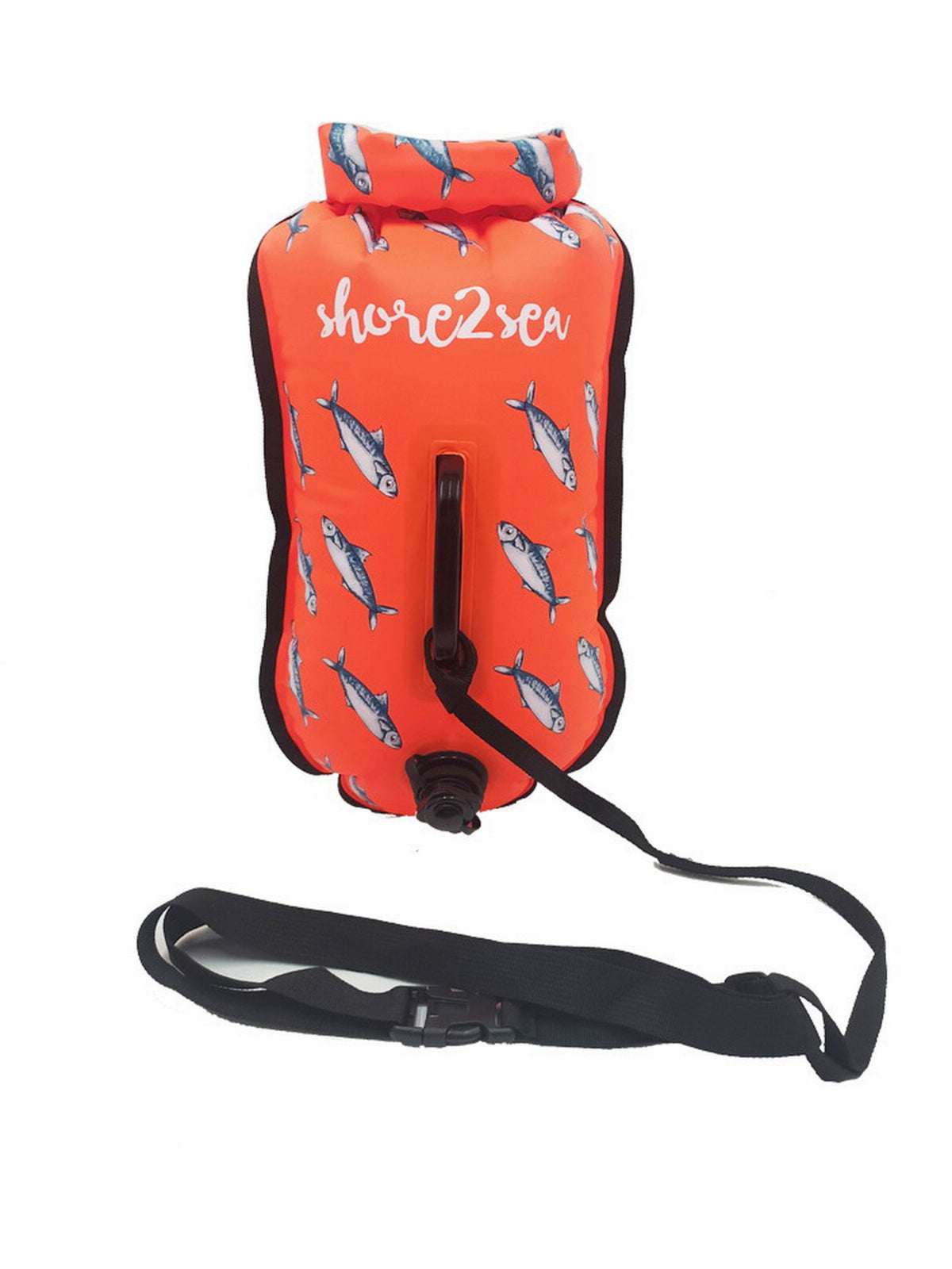 An orange Shore2Sea inflatable tow float with a fish pattern, shown with its black carrying strap on a white background.