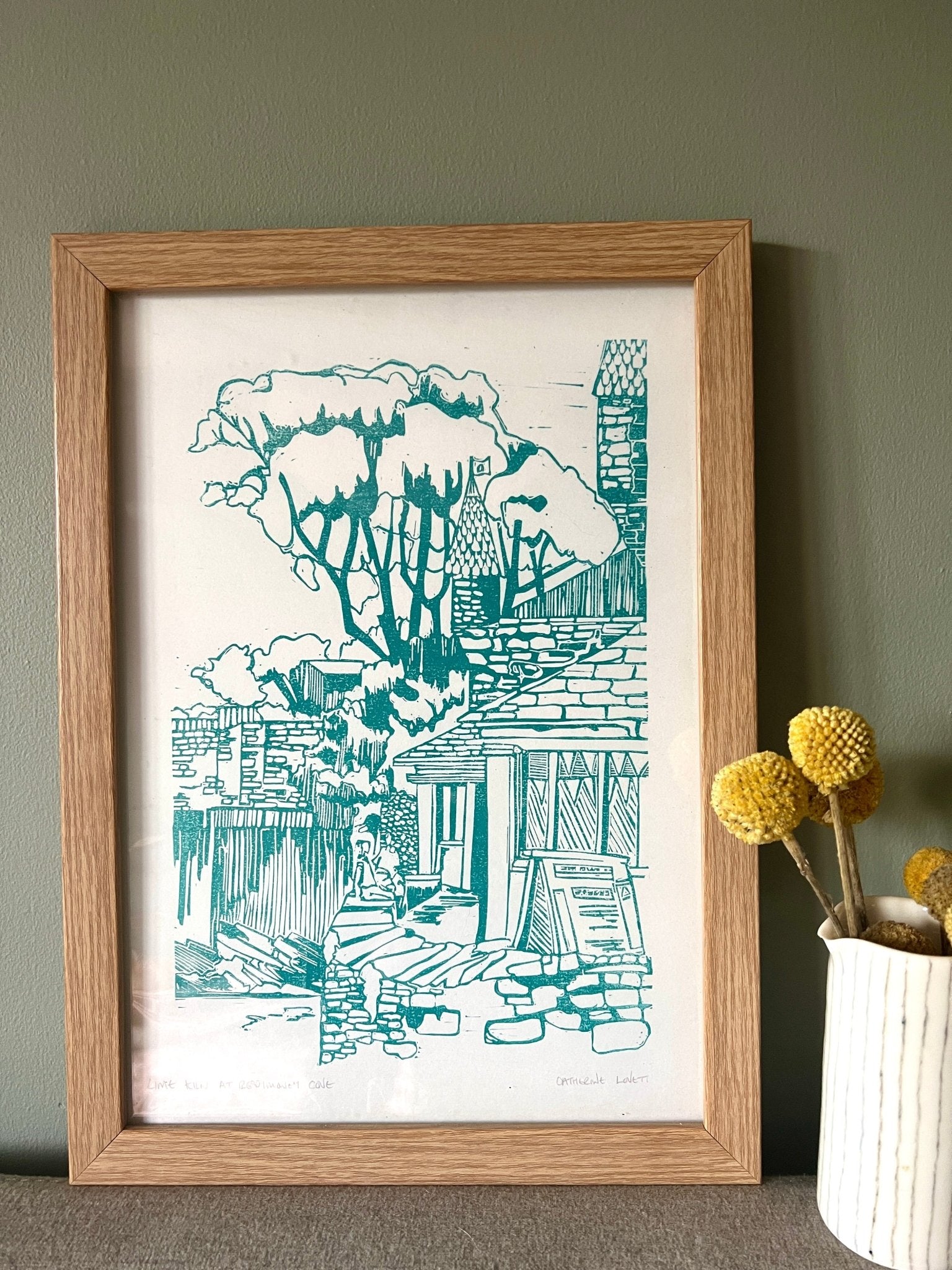original framed lino print Lime Kiln at Readymoney Cove, Fowey, Cornwall Catherine Loft hand-drawn wall art