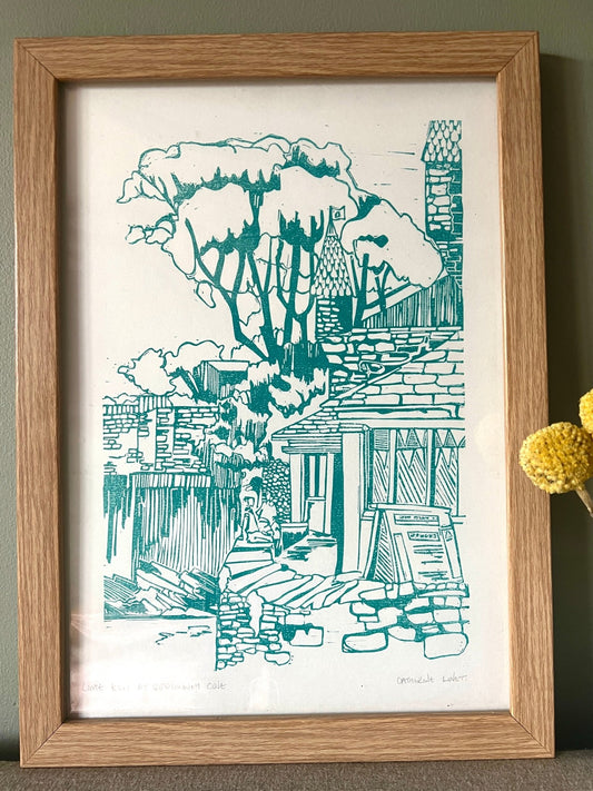original framed lino print Readymoney Cove, Fowey, Cornwall hand-drawn, traditional artwork Catherine Loft unique wall art
