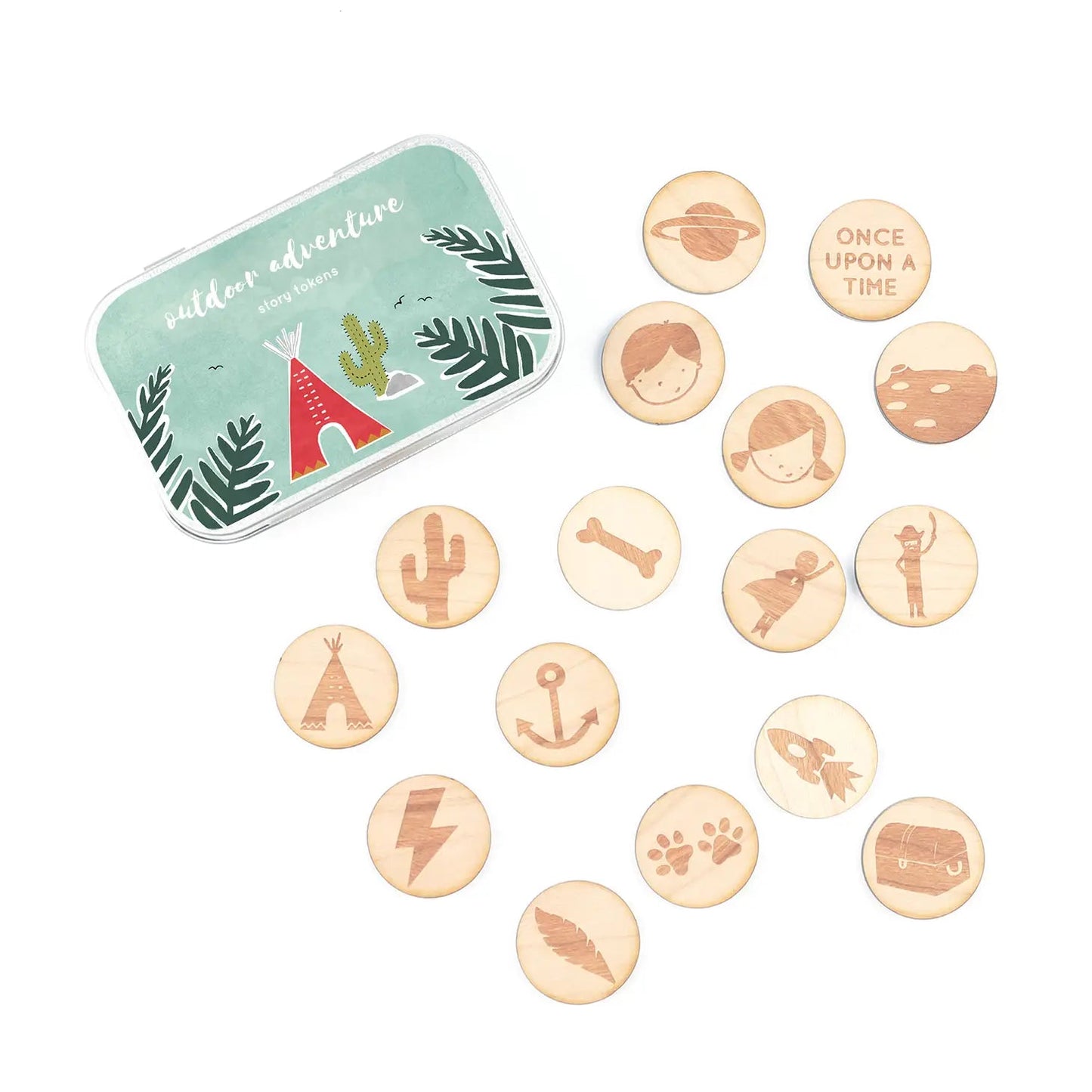 wooden story tokens contents spread out 20 Jodie Gale engraved discs for outdoor adventure creative play, nature walk game, kids gift