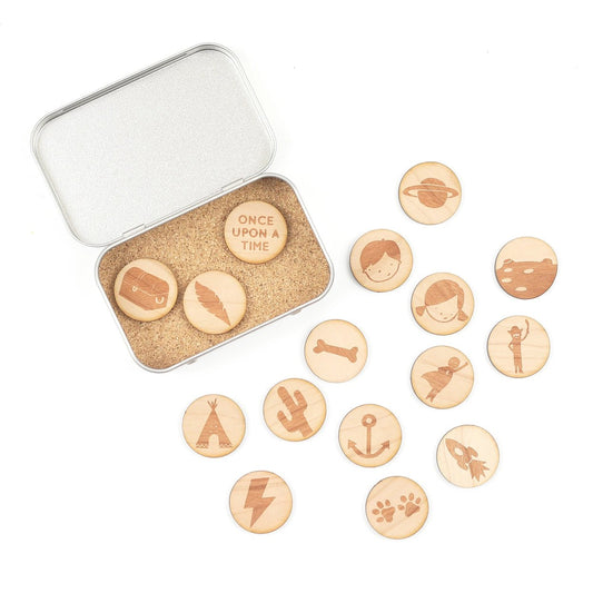 outdoor adventure wooden story tokens set 20 Jodie Gale engraved discs for creative play, nature walk game, kids gift