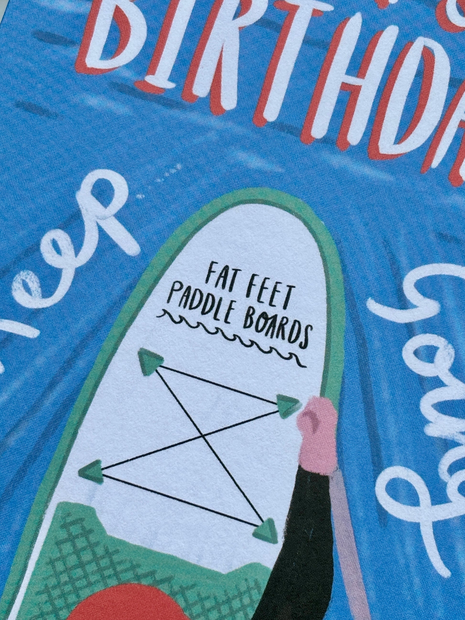 closeup paddleboarders happy birthday card coastal adventure, fun Cornish illustration water sports, sea gift, unique greeting card