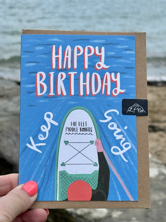 paddleboarders happy birthday card. Coastal adventure, fun Cornish illustration. Water sports, sea gift, unique greeting card