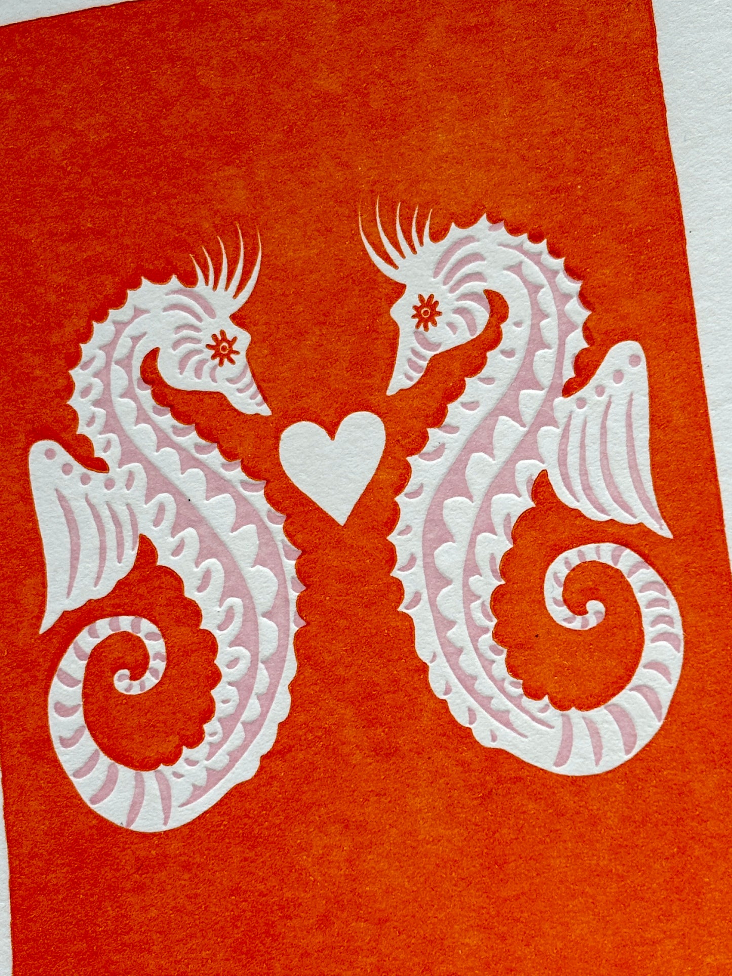 romantic seahorses greeting card orange print with white heart detail perfect for ocean lovers, wedding, or anniversary