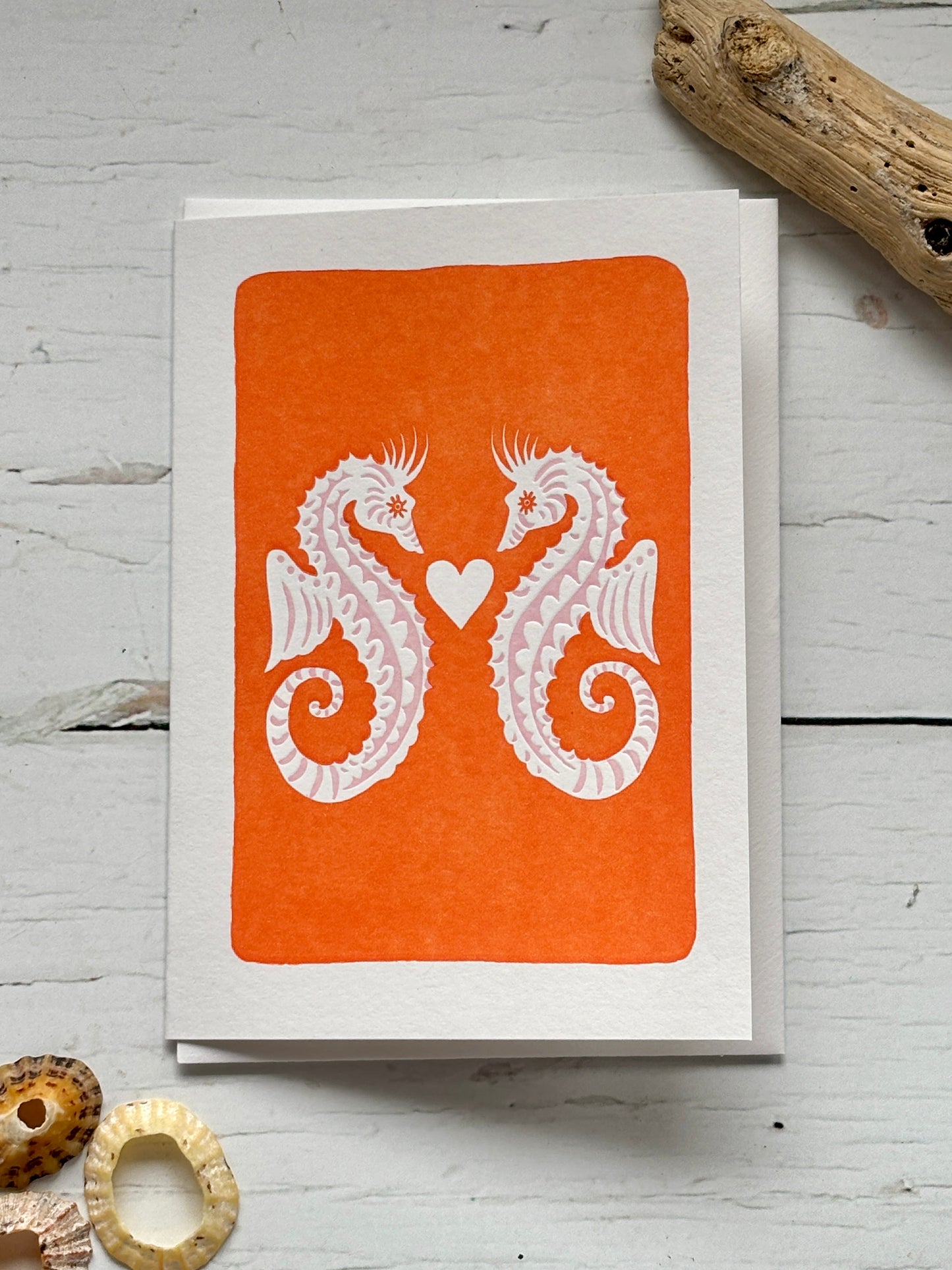 cute pair of seahorses card orange and white love art print perfect Valentine's, wedding, or anniversary greeting