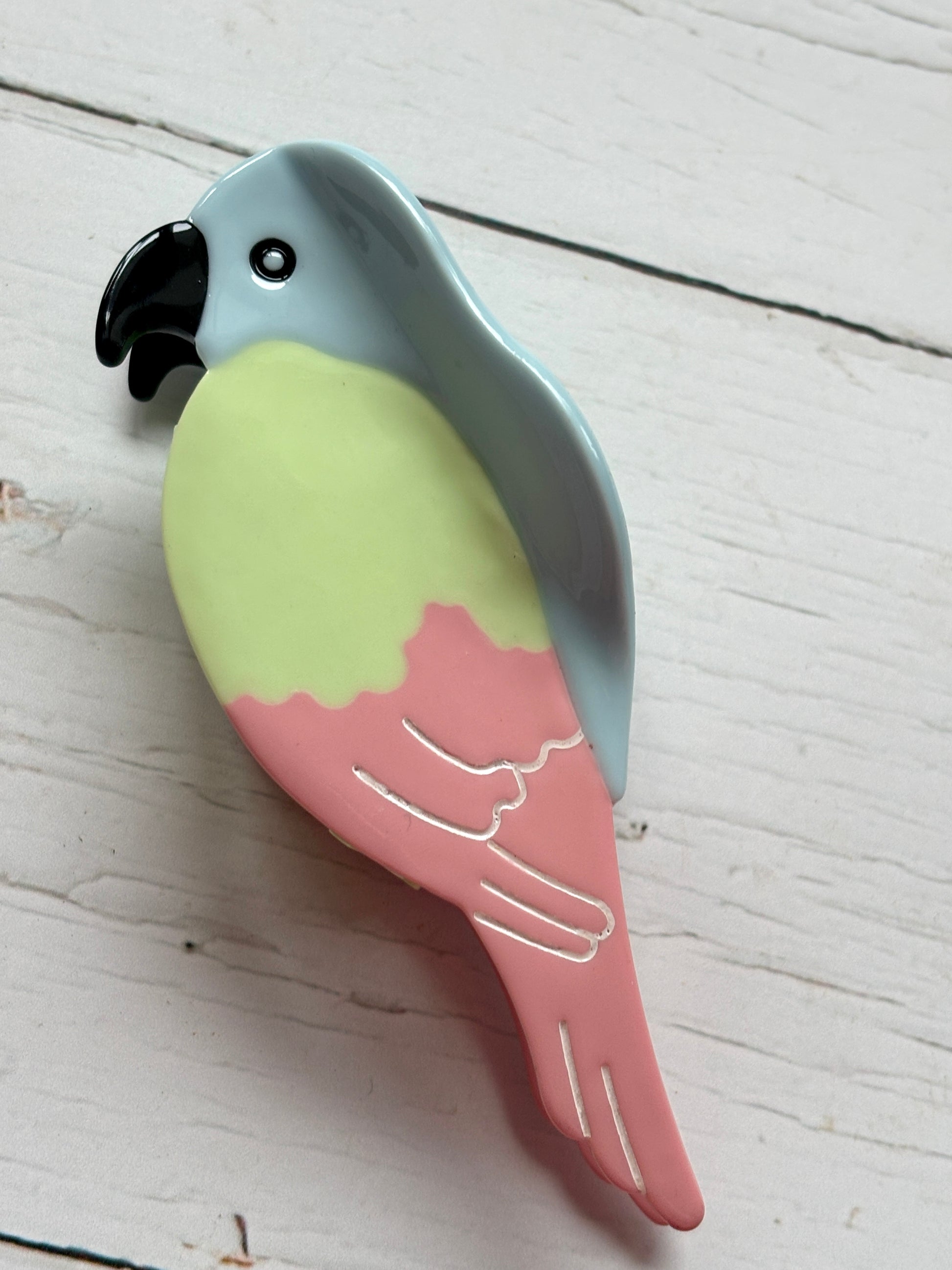 pastel parrot hair claw with glossy finish—colorful beak-to-tail clip for playful, tropical-inspired styling