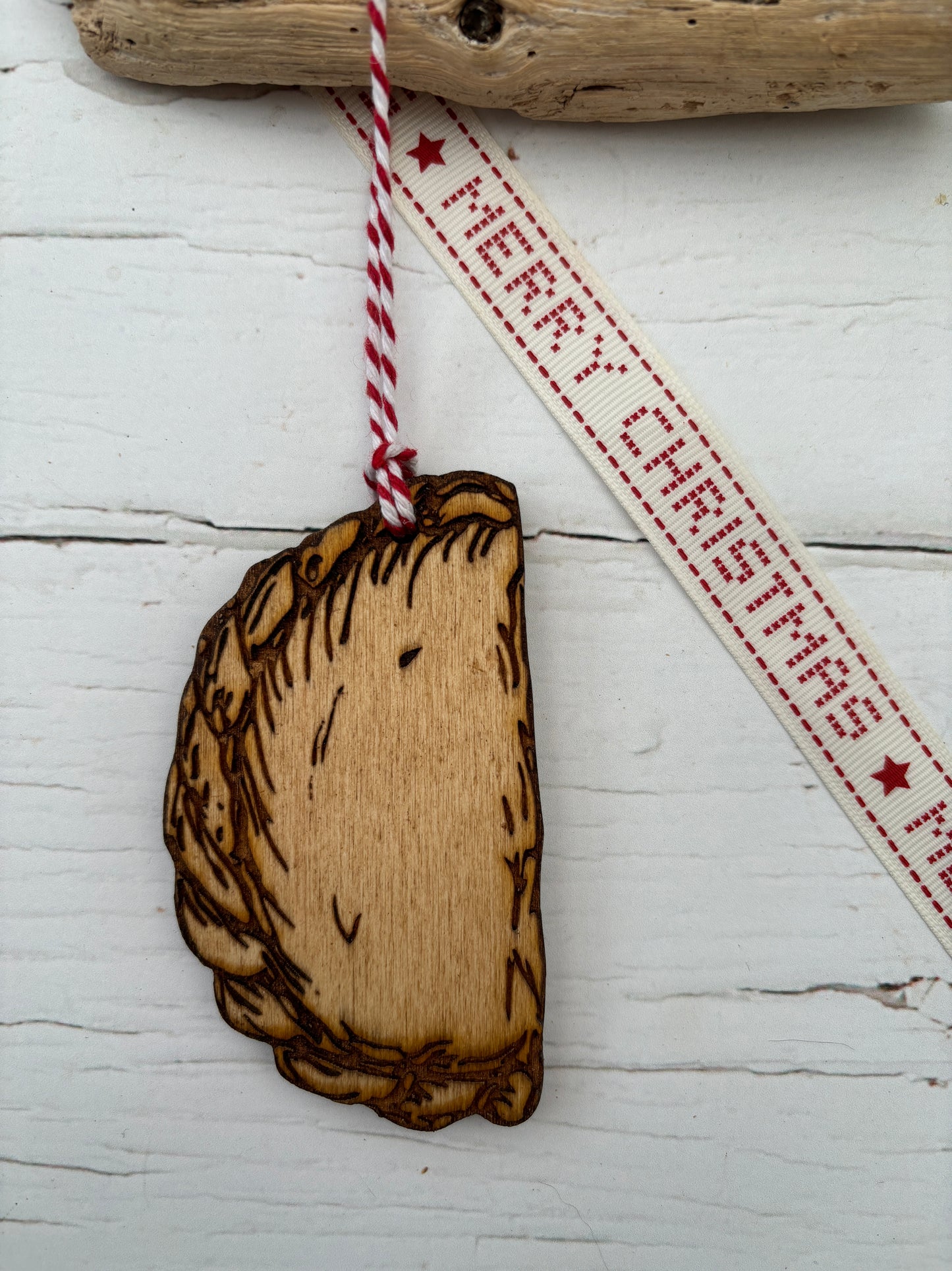 wooden Cornish pasty hanging decoration pyrographic detail on light wood Cornwall food souvenir ornament for coastal home