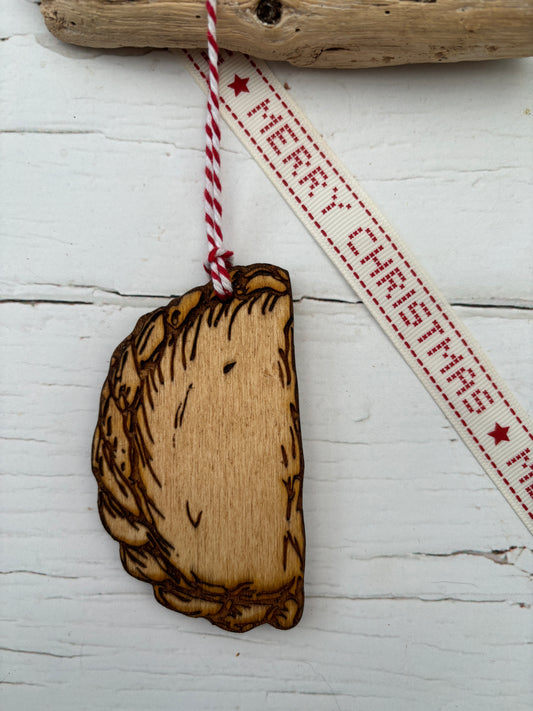wooden Cornish pasty hanging decoration pyrographic detail on light wood Cornwall food souvenir ornament for coastal home