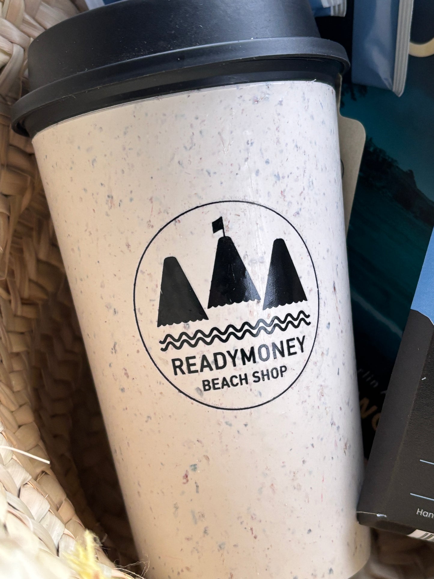 Peace & Quiet Fowey gift basket contents closeup Readymoney Cove reusable cup luxury Cornish spa, bath, candle set