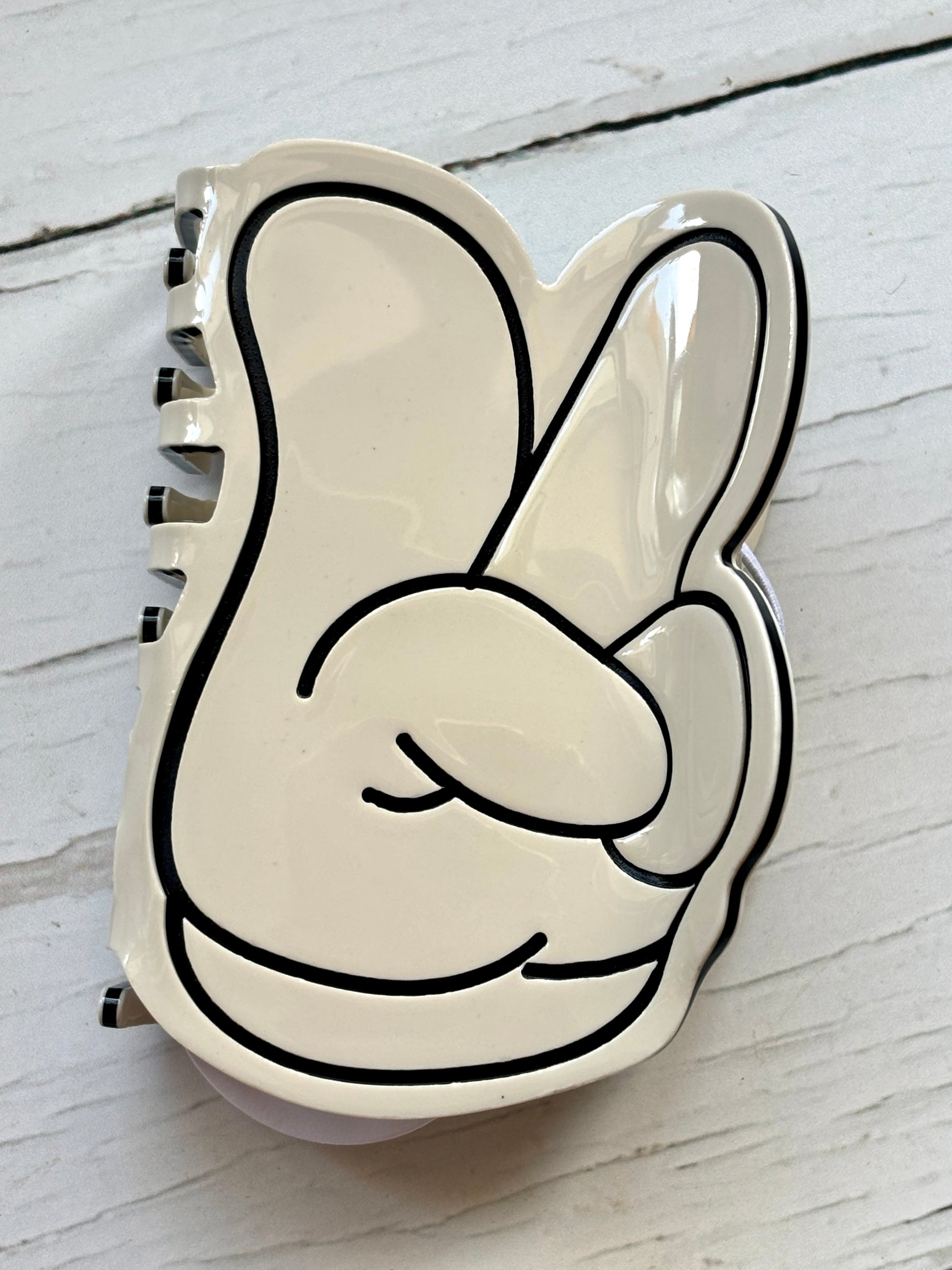 peace sign hair claw clip oversized, novelty, cartoon V-gesture hand accessory Y2K aesthetic, cream & black statement hair