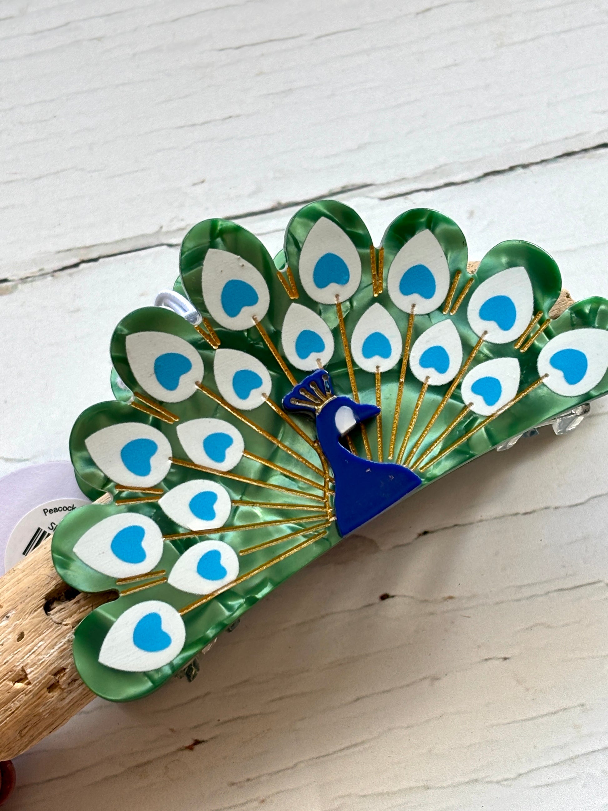 vibrant peacock hair claw clip green mosaic acetate fan jaw clip with blue/white feather eyes elegant bird statement accessory