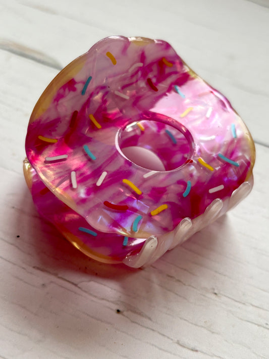 quirky doughnut hair claw clip with pink iridescent frosting and colorful sprinkles novelty food hair accessory, sweet gift