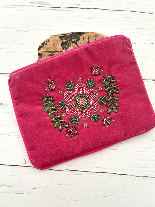 pink velvet beaded folk floral zipped purse