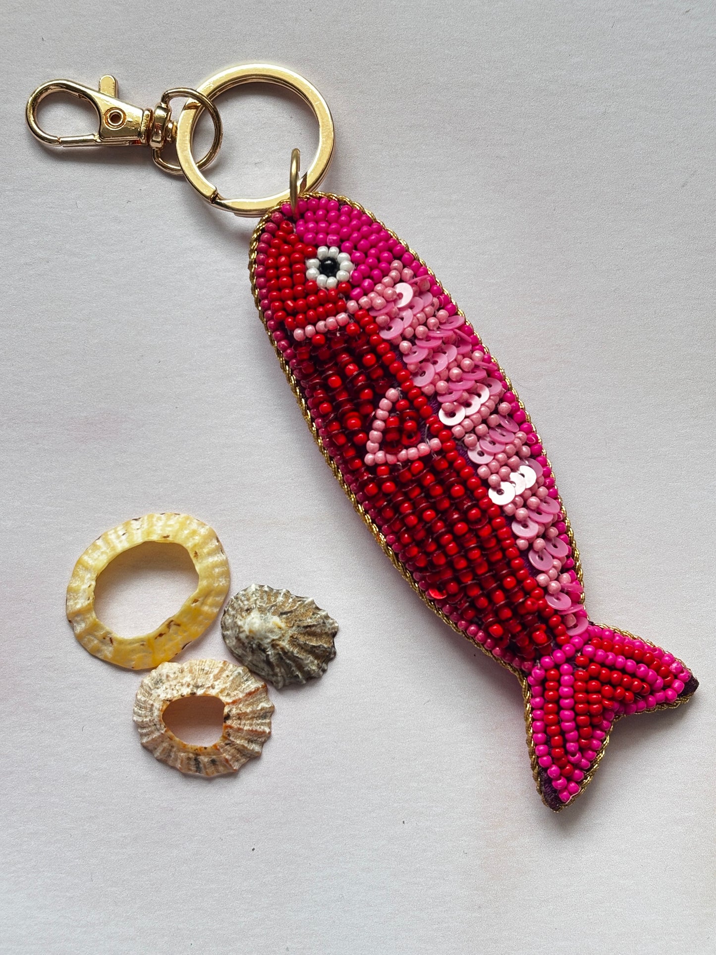 Pink & Red Beaded Fish Keyring or Bag Charm