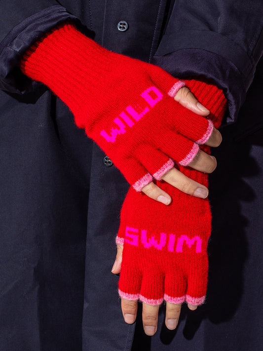 Wild Swim Fingerless Gloves - Bright Red & Neon Pink