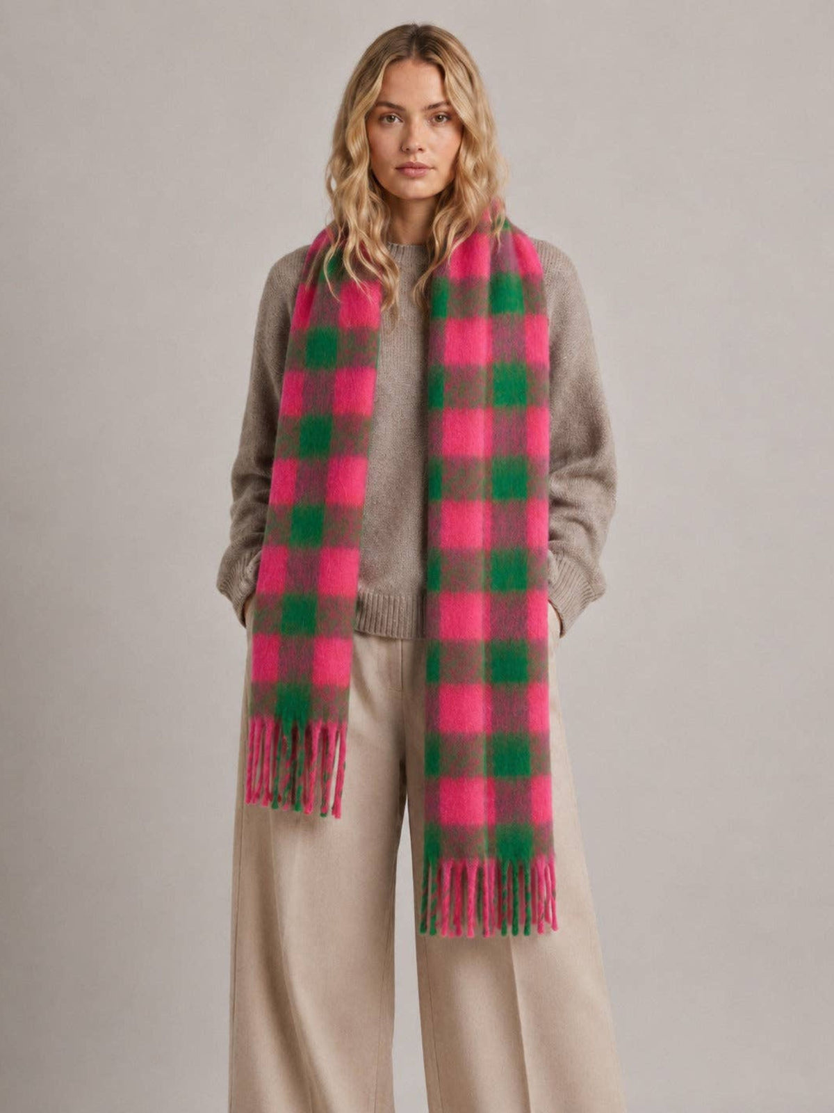 Hot Pink & Green Square Check Heavyweight Scarf
