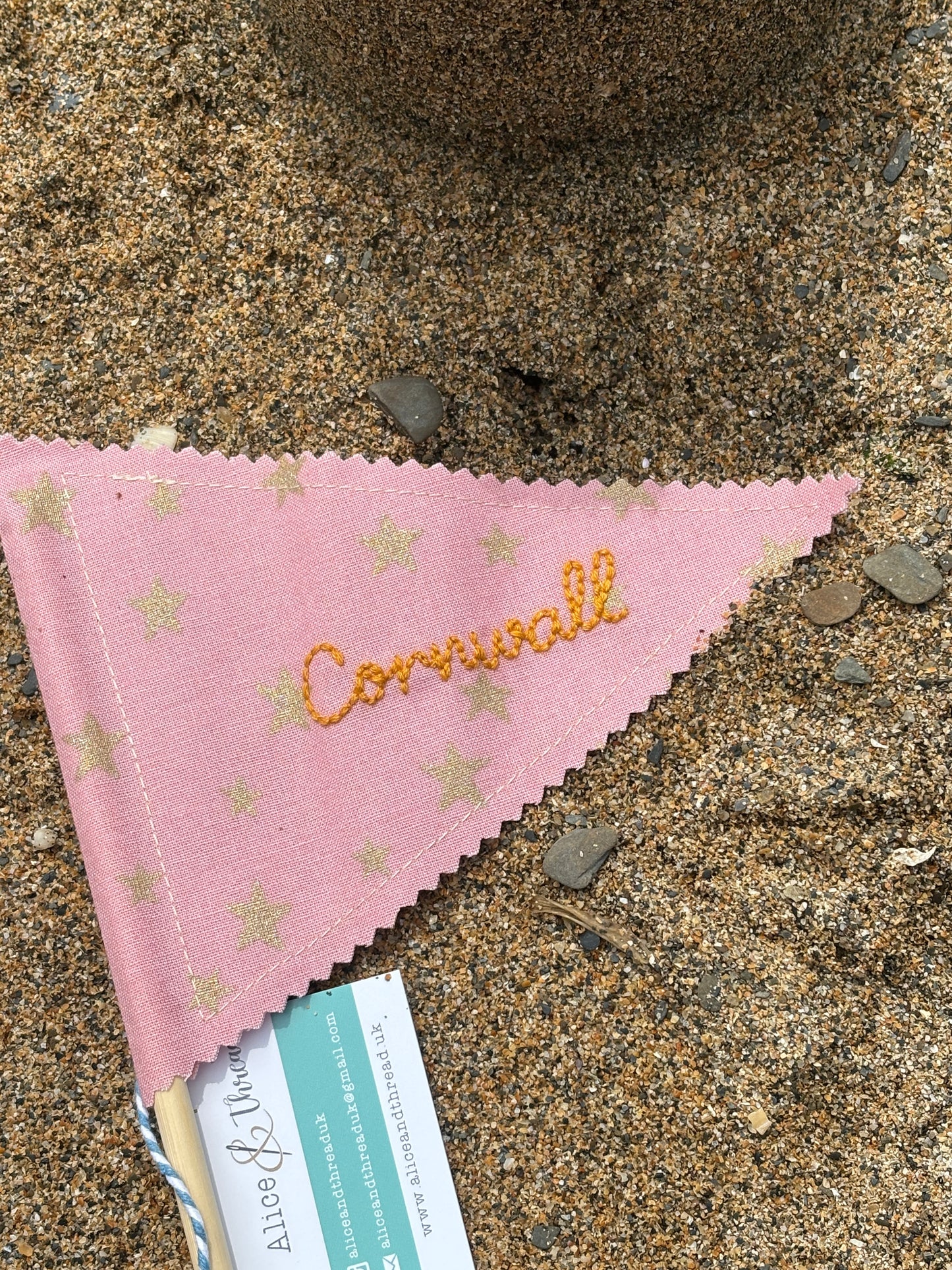 Handmade Embroidered Fowey & Cornwall Sandcastle Fabric Flags