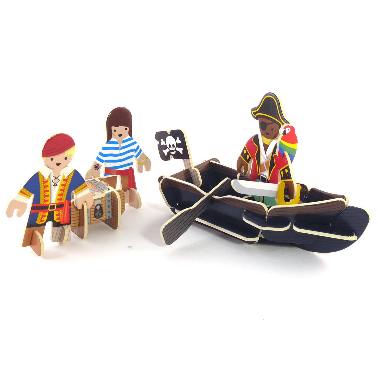 wooden pirate playset with boat, crew figures and treasure chest—fun, buildable adventure toy for imaginative kids