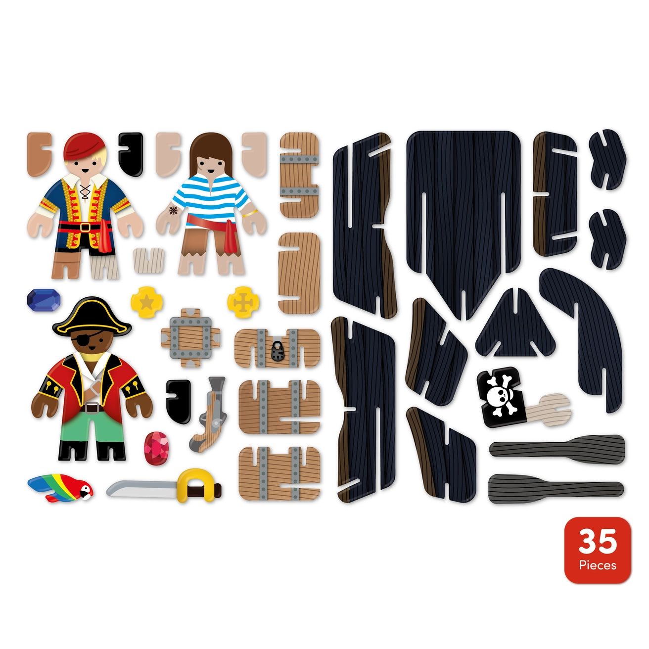 35-piece wooden pirate playset with crew figures, boat parts, treasure and accessories—fun creative build-and-play kit for kids