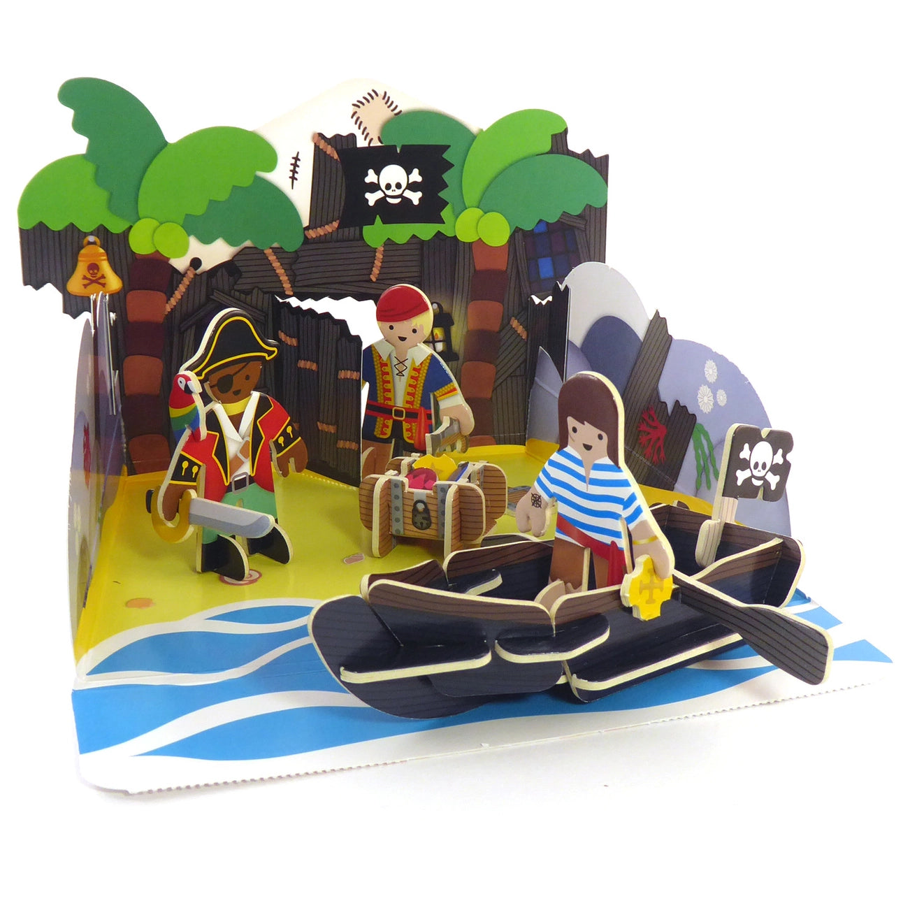 colourful pirate island playset with wooden figures, treasure chest and boat—perfect imaginative adventure toy for kids