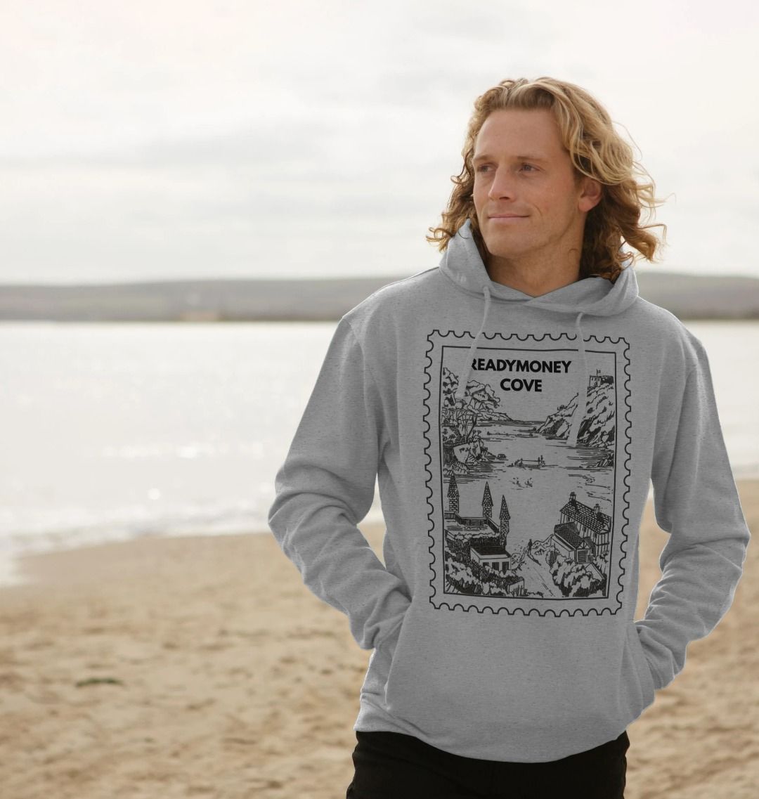 coastal stamp hoodie – light heather pullover with Readymoney Cove graphic, soft travel sweatshirt for beach lovers