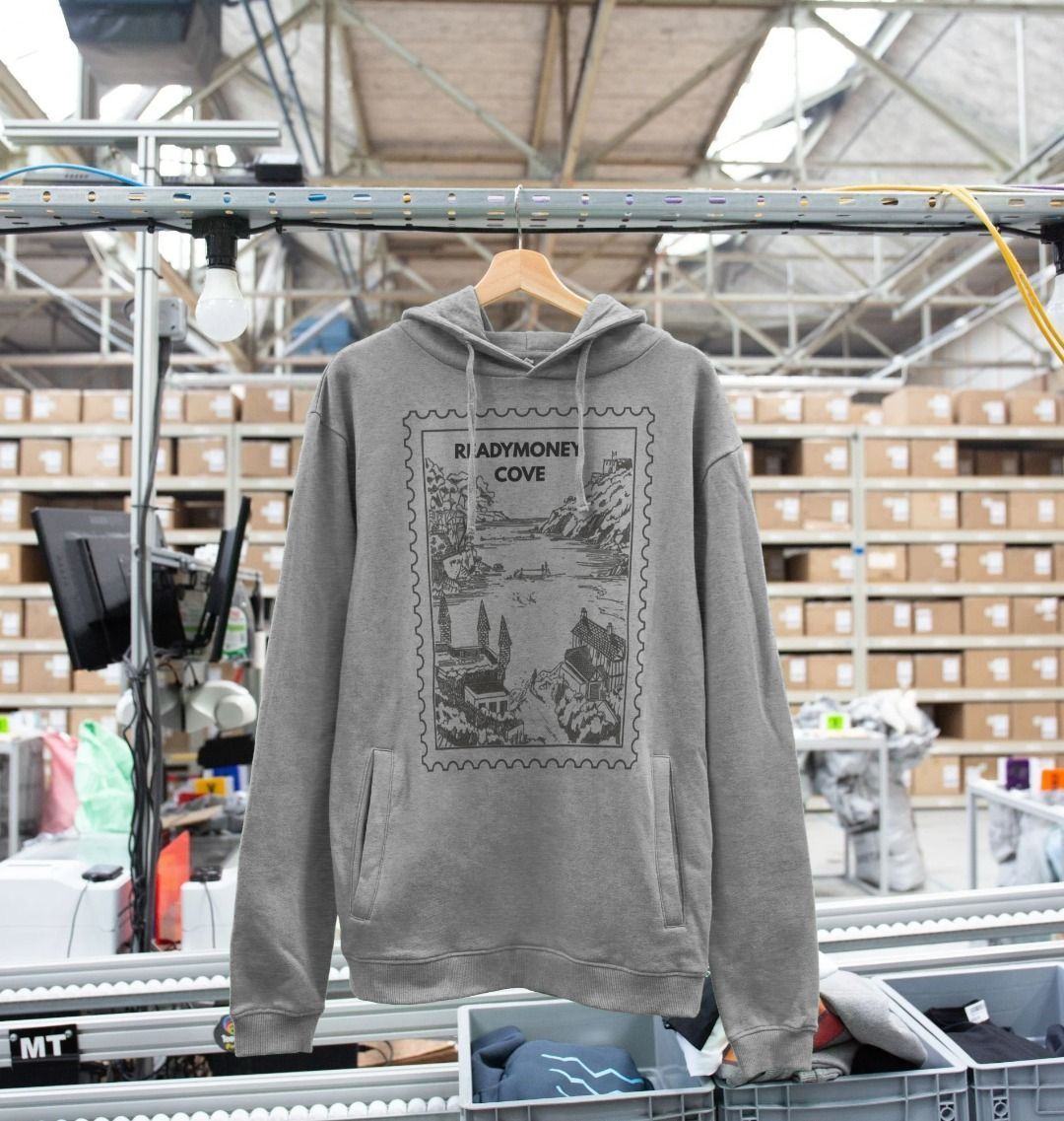 Readymoney Cove hoodie – light heather pullover with coastal stamp graphic, soft travel sweatshirt styled for everyday comfort