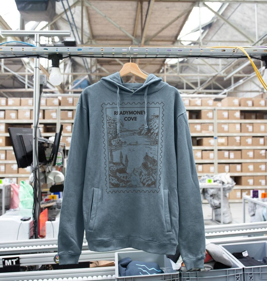 Readymoney Cove hoodie – stone blue pullover with scenic stamp design, soft coastal sweatshirt for everyday adventures