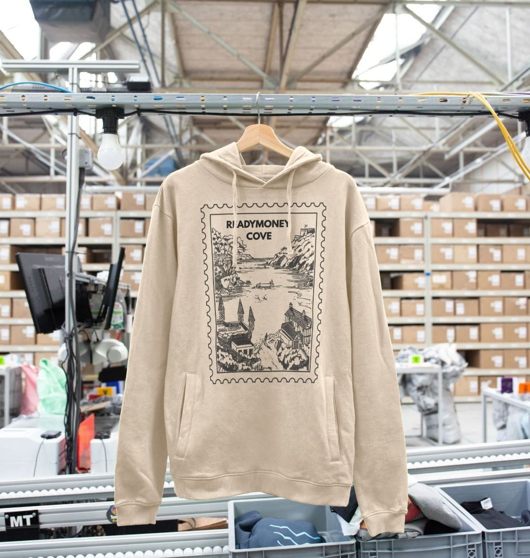 oat stamp hoodie – cozy pullover with Readymoney Cove design, soft coastal sweatshirt for travel and everyday style